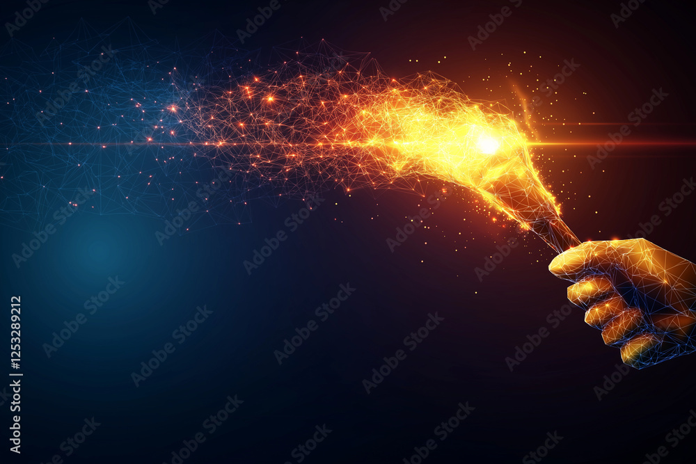 Poster hand holding glowing torch emits sparks in low polygon design, creating vibrant and dynamic visual e