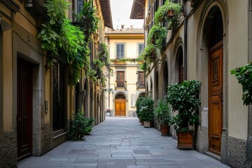 Obraz premium Italian alleyway with flowers, sunlit, quiet, for travel