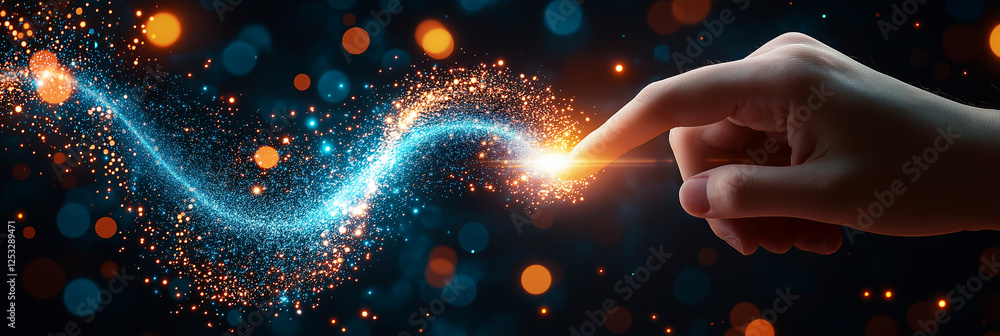 Poster hand touching spiral of light particles, creating magical effect with glowing sparks and vibrant col
