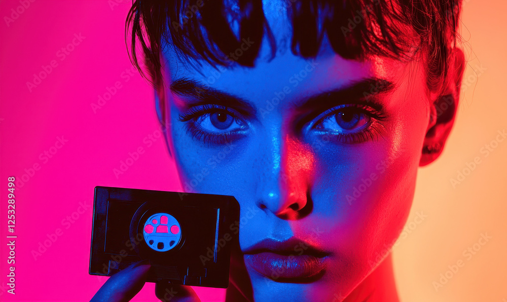 Poster exploring the intersection of vintage media and modern aesthetics through a striking neon portrait t