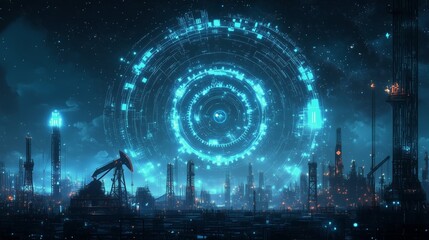 Futuristic cityscape with glowing technology and industrial structures at night