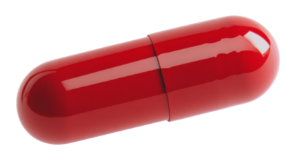 Red pill medicine capsule floating on transparent background