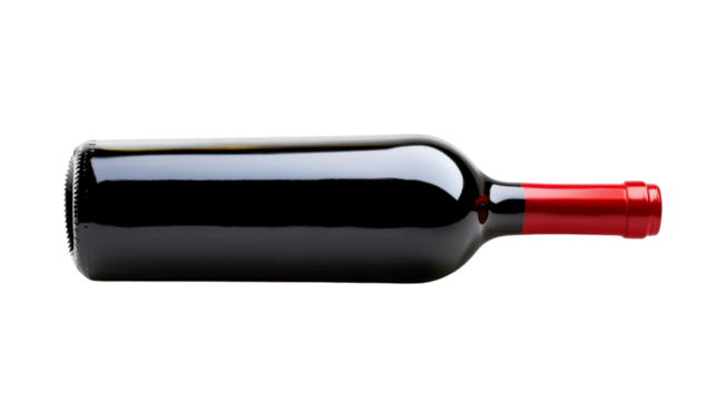Horizontal wine bottle with red capsule lying down on transparent background - Powered by Adobe