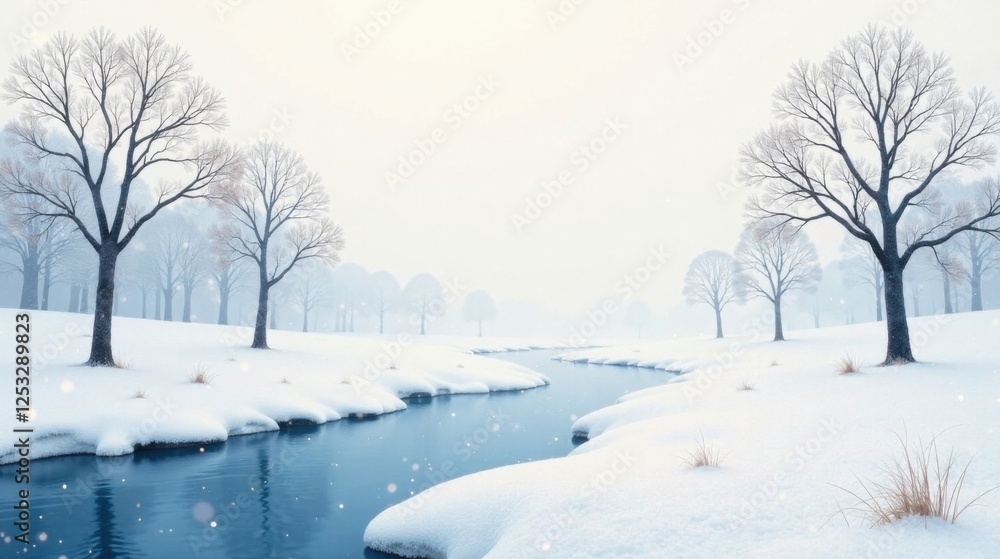 Poster serene winter landscape a meandering stream flows through a snowy forest, gracefully winding its way