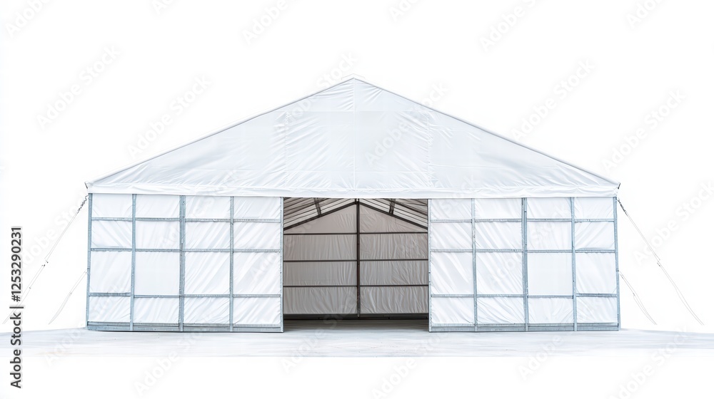 Poster a stark event structure: a large, sturdy event tent is seen, characterized by its clean lines and sy
