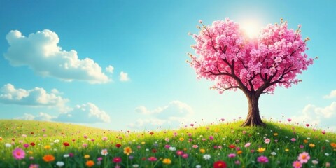 Serene Heart-Shaped Blossom Tree on a Vibrant Meadow Under a Sunny Sky