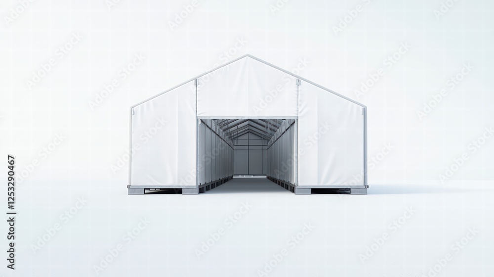 Poster open structure: an expansive white structure stands under a bright, spacious area. its architecture 