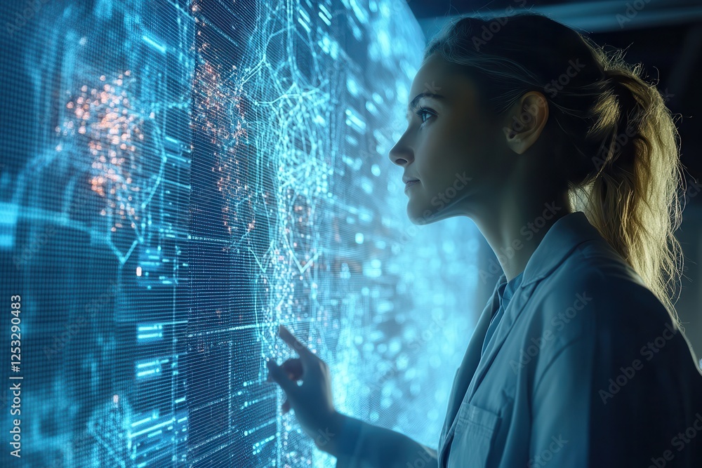 Poster senior female data scientist working with complex data visualizations .