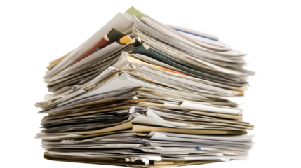 Large stack of papers on transparent background