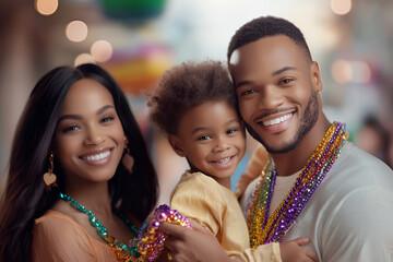 Happy african family with beaded necklaces celebrating together, Mardi Gras