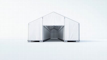 Open Structure: An expansive white structure stands under a bright, spacious area. Its architecture suggests adaptability, making it perfect for various purposes like events or storage.