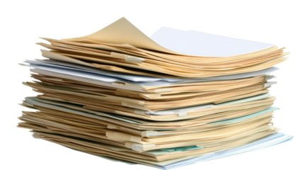 Stack of paper files on transparent background