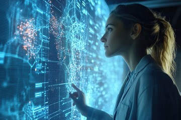 Senior female data scientist working with complex data visualizations .