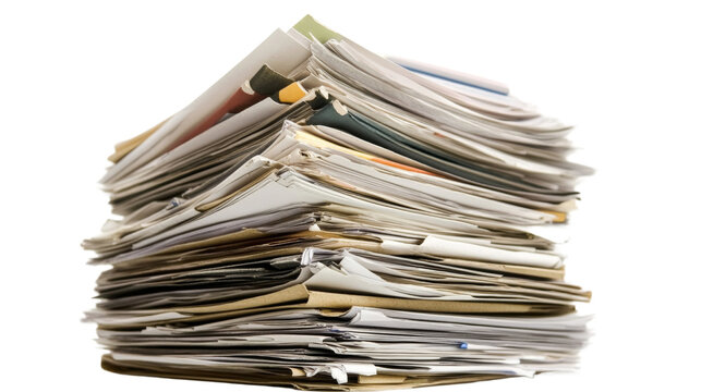 Large stack of papers on transparent background