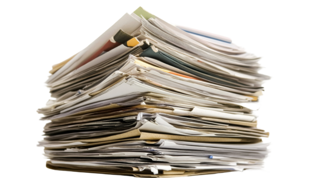 Large stack of papers on transparent background