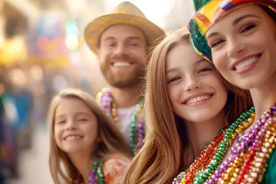 Happy family celebrating mardi gras outdoors with colorful beads and costumes - Powered by Adobe