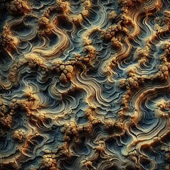 A high-resolution macro photograph of an intricate natural texture. The surface showcases a blend of organic patterns, resembling a fusion of cracked