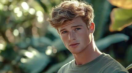 Natural Light Portrait of Handsome Young Man in Green T-shirt
