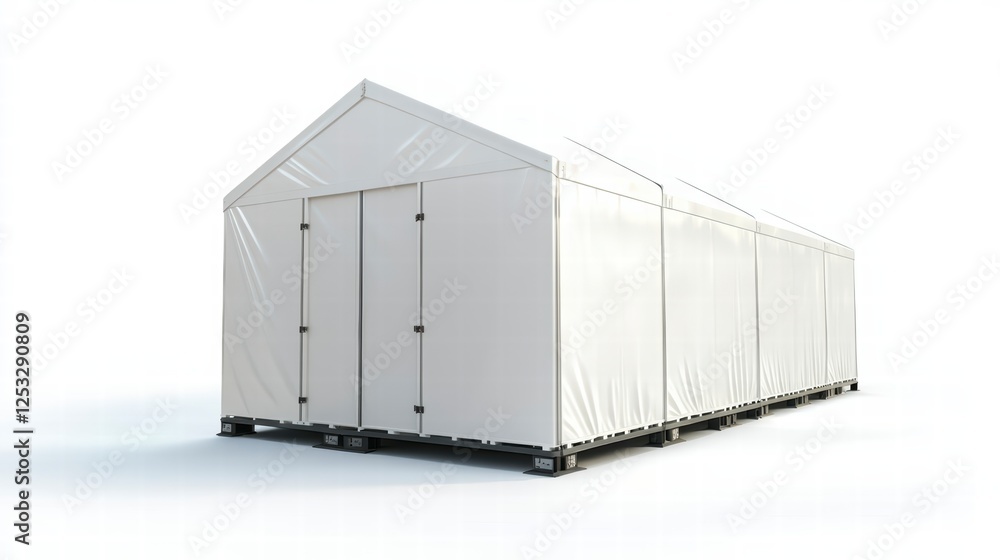 Poster event structure: a large, white event structure with a pitched roof and multiple doors, ideal for te