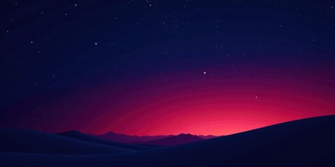 Serene Night Sky Over Rolling Dunes A Vivid Crimson Sunset Hues the Horizon with Scattered Stars Above