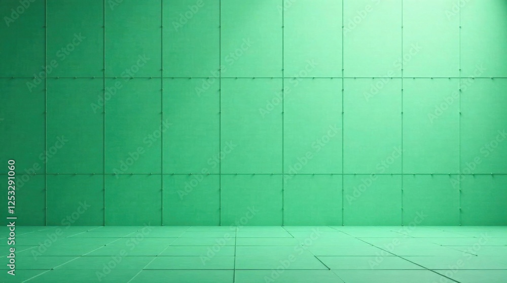 Poster a minimalist green room with tiled walls and floor featuring subtle lighting
