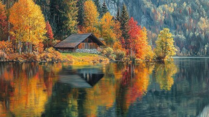 Fototapeta premium Autumnal Lakeside Cabin: A Serene Reflection
