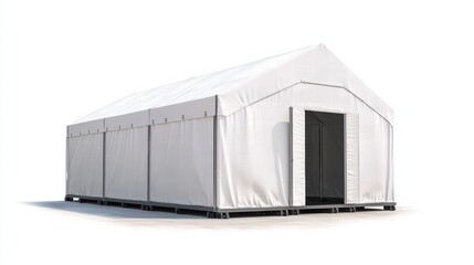 Fototapeta premium Large White Tent: A large, sturdy white tent stands isolated. Its clean lines and simple design evoke a sense of temporary shelter or event space, ideal for a range of purposes.