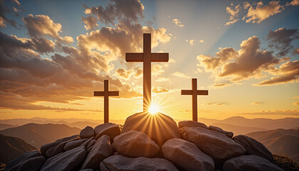 Rustic crosses atop rocky hill under warm sunlight, symbolizing faith and sacrifice on Good Friday