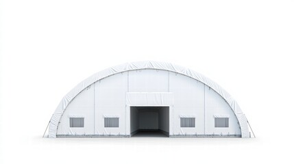 Arching Structure: A symmetrical, white arched building, showcasing its functional design and architectural simplicity, evokes a sense of modern utility and industrial efficiency.