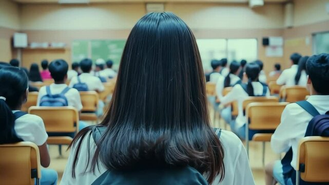 Young Asian woman during class in the university. Girl with backpack standing in a classroom. Female student attentively facing forward at lecture hall. Rear view. Knowledge in learning environment