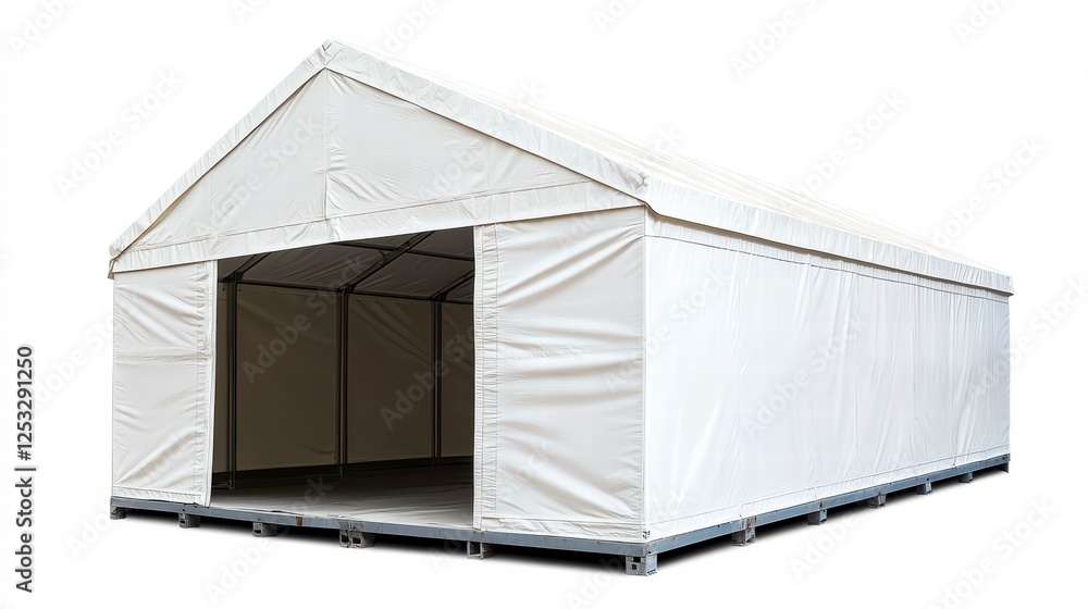 Poster modular tent: a large, rectangular modular tent with an open doorway and a clean, streamlined design