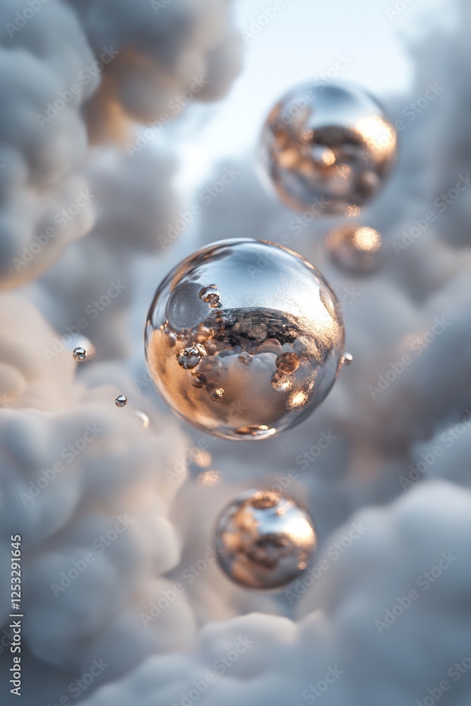 Poster multiple metallic spheres of varying textures hover within a dreamlike, cloudy environment, capturin