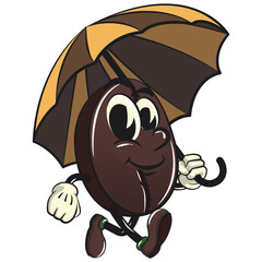 cute coffee beans vektor illustration mascot character walking with an umbrella, work of hand drawn