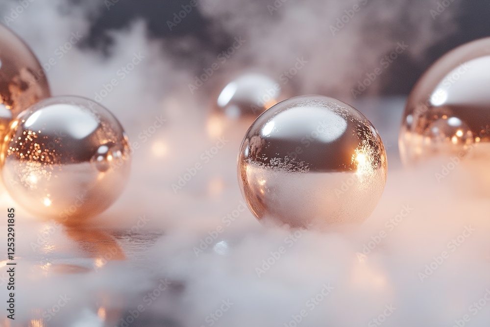 Poster in a futuristic setting, metallic spheres with diverse textures reflect light while being partially 
