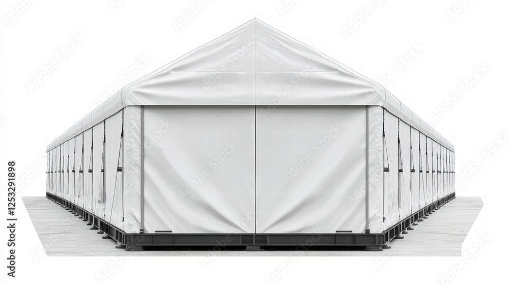 Poster event tent structure: a large, pristine white event tent stands with symmetrical precision, the epit