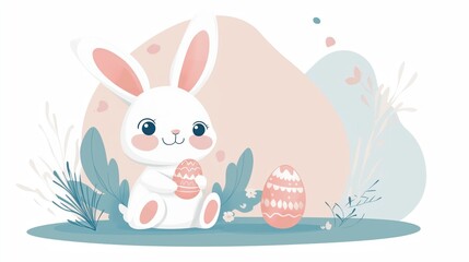 Obraz premium Cute white rabbit sitting with Easter eggs and botanical elements in soft pastel colors, decorative festive illustration on white background