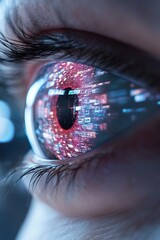 A hyper-detailed eye focuses on multiple floating digital screens, showcasing the overwhelming presence of media and advertising in today's consumer-driven world