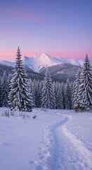 Fototapeta premium Winter Wonderland: Snowy Mountains, Forest Path & Pink Sunset Glow - Dreamy Landscape