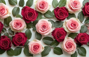 Obraz premium Roses in shades of pink and red arranged with leaves for a floral display
