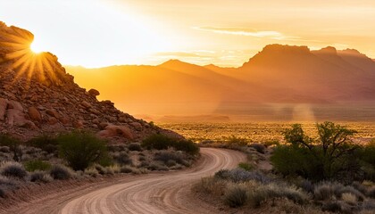 curved dirt road winds through rocky terrain in a desert landscape at golden hour