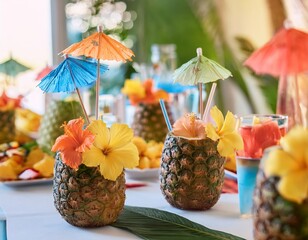 Hawaiian themed birthday party table setting with tropical cocktails in pineapple cups