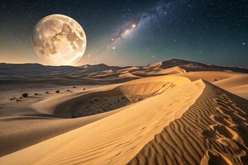 Desert dunes at night, massive full moon on horizon, starry sky, Milky Way galaxy visible, golden sand ripples