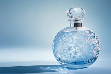 Elegant frost-covered perfume bottle with delicate snowflake pattern isolated on a gradient icy-blue background, copy space