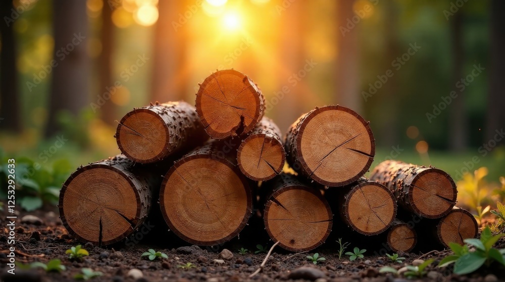 Poster golden hour lumber stack in a forest setting