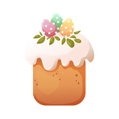 Cute cartoon illustration of Easter cake decorated by twig and eggs. Paska, kulich icon or print