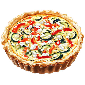 A freshly baked vegetable quiche with a golden crust, filled with a vibrant mixture of red bell peppers, zucchini, transparent background, PNG
