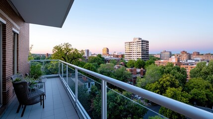 Obraz premium Cityscape sunrise view from balcony, urban relaxation