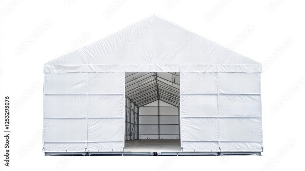 Poster event tent: a sturdy, pristine event tent, inviting and ready for gatherings, stands on a solid foun