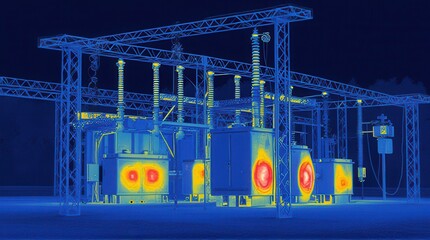 A thermal image of electrical equipment, showcasing temperature variations with vibrant colors indicating heat levels.