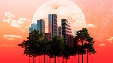 Futuristic Cityscape with Digital Overlays and Sunset Glow